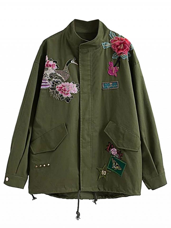Choies Army Green Embroidered Detail Studded Parka Jacket