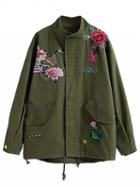 Choies Army Green Embroidered Detail Studded Parka Jacket