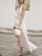 Choies Brown Stripe Halter V-neck Tie Waist Open Back Chic Women Maxi Dress
