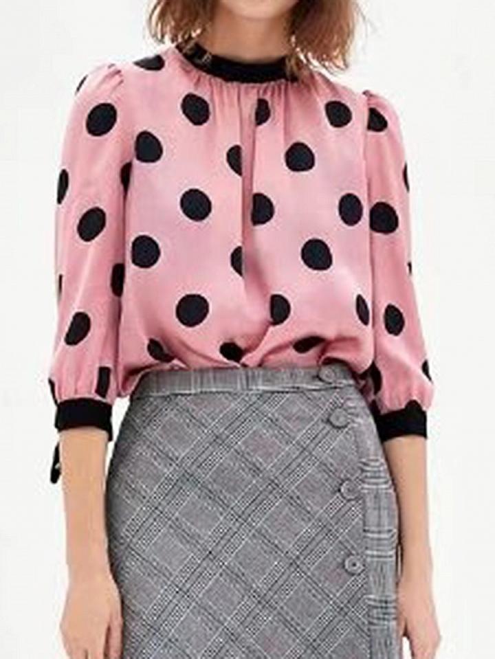 Choies Pink Tie Cuff Polka Dot Button Placket Back Long Sleeve Blouse