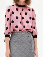 Choies Pink Tie Cuff Polka Dot Button Placket Back Long Sleeve Blouse