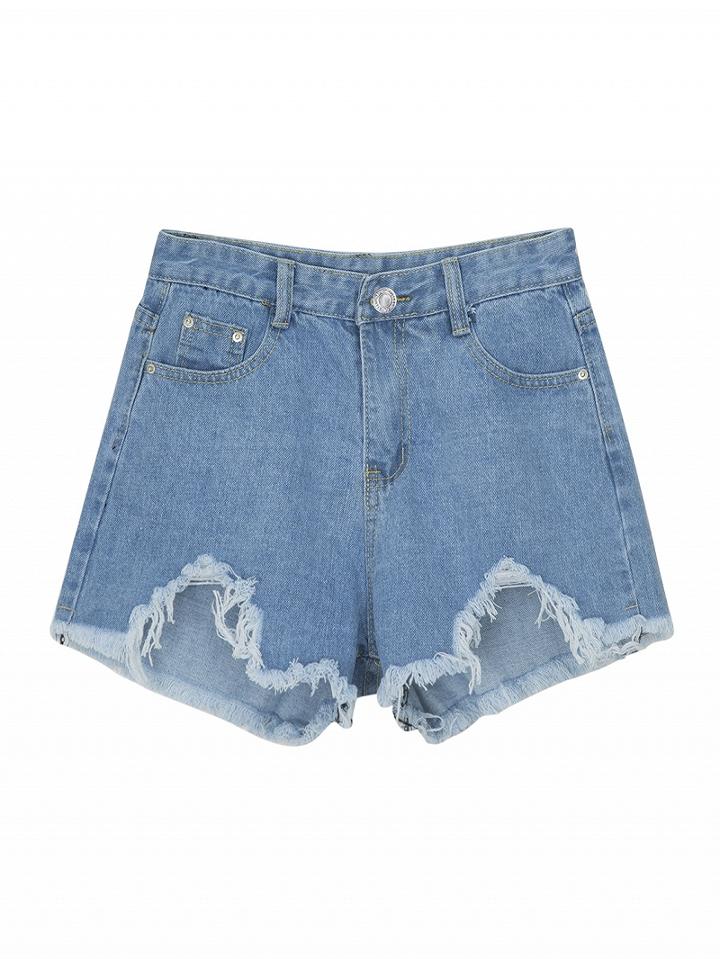 Choies Blue High Waist Fringed Raw Hem Denim Shorts
