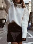 Choies White High Neck Split Side Long Sleeve Women Knit Sweater