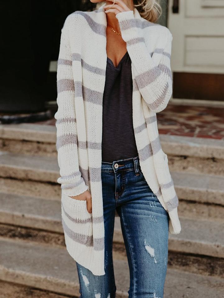 Choies White Stripe Open Front Long Sleeve Women Knit Cardigan