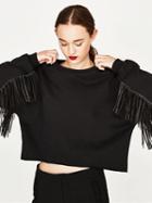 Choies Black Tassel Detail Long Sleeve Cropped Sweatshirt