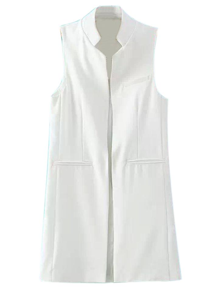 Choies White Stand Collar Pocket Longline  Waistcoat