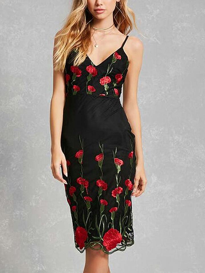 Choies Black Spaghetti Strap V-neck Floral Embroidery Sheer Mesh Dress
