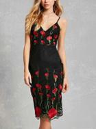 Choies Black Spaghetti Strap V-neck Floral Embroidery Sheer Mesh Dress