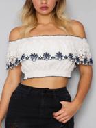 Choies White Off Shoulder Cutwork Detail Embroidery Crop Top