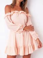 Choies Pink Chiffon Off Shoulder Polka Dot Puff Sleeve Chic Women Mini Dress