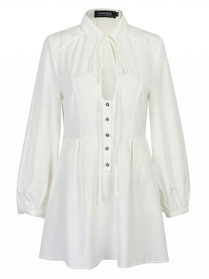 Choies White Tied Collar Keyhole Detail Button Front Shirt Dress