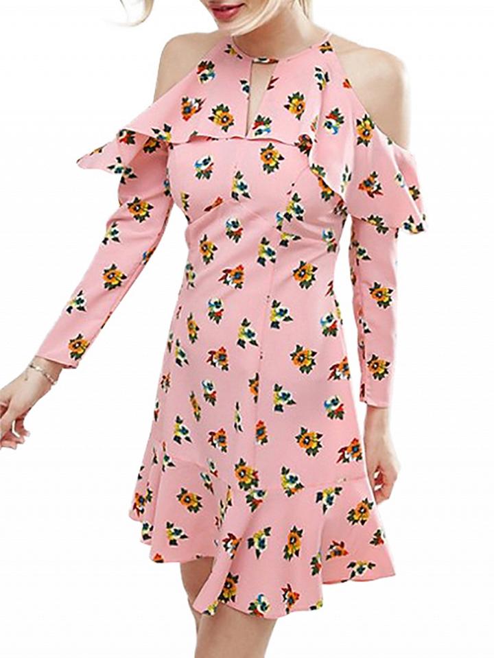 Choies Pink Cold Shoulder Ruffle Floral Print Long Sleeve Dress