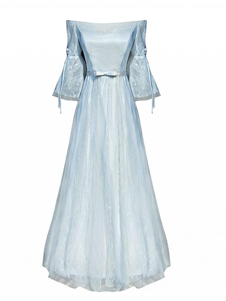 Choies Gray Off Shoulder Flared Sleeve Lace Up Back Tulle Maxi Prom Dress