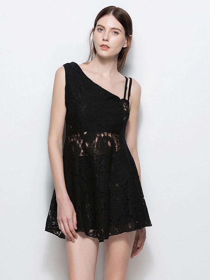 Choies Black One Shoulder Strap Lace Mini Dress