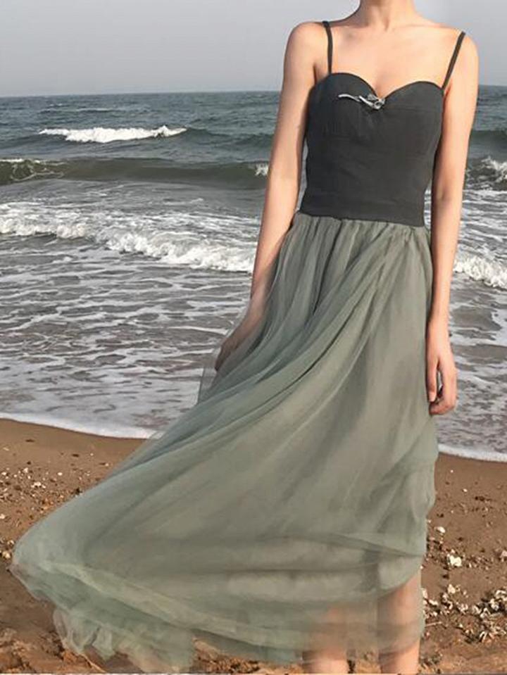 Choies Green Tie Front Chic Women Sheer Mesh Cami Midi Dress