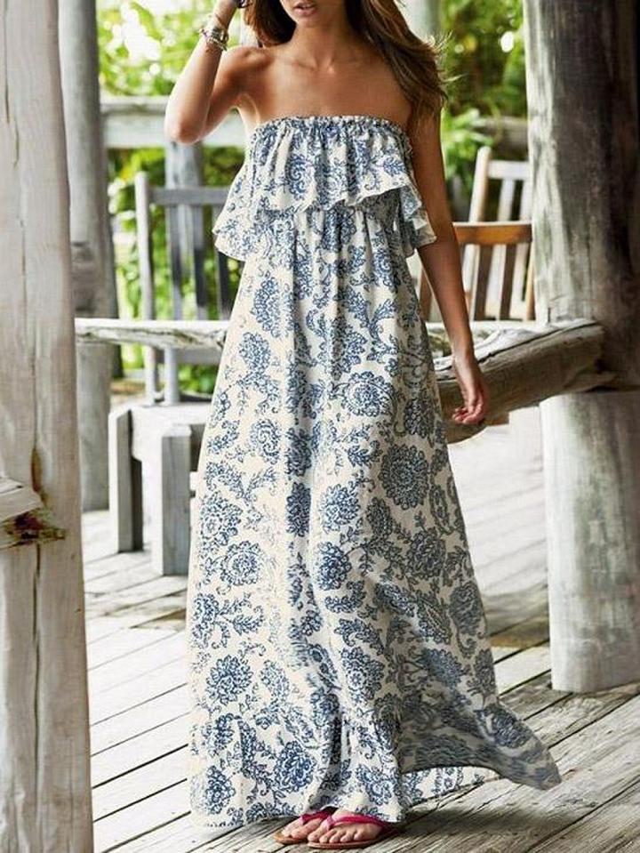 Choies Blue Bandeau Folk Print Ruffle Trim Maxi Dress