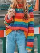 Choies Polychrome Stripe High Neck Long Sleeve Chic Women Knit Sweater