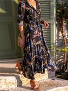 Choies Blue Chiffon Floral Print Tie Waist Long Sleeve Women Maxi Dress