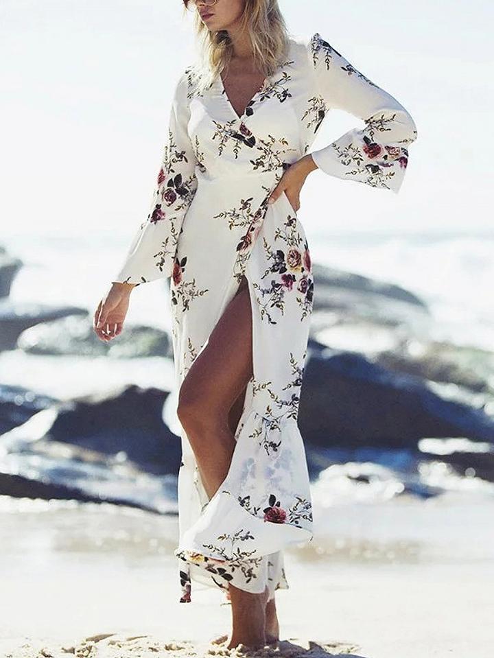 Choies White Floral V-neck Tie Waist Ruffle Trim Wrap Maxi Dress