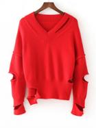 Choies Red V-neck Cut Out Detail Long Sleeve Knit Sweater