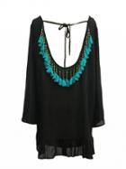 Choies Black Backless Tassel Detail Ruffle Hem Beach Cover Up Mini Dress