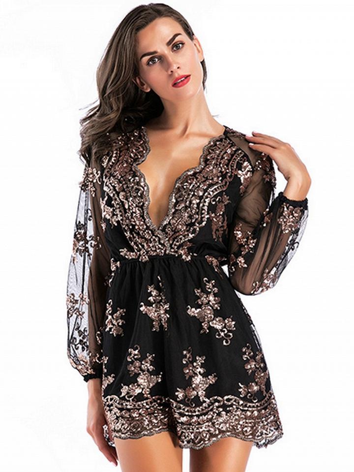 Choies Black Plunge Sequin Detail Long Sleeve Playsuit
