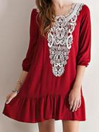 Choies Red Lace Panel 3/4 Sleeve Pleat Detail Dress
