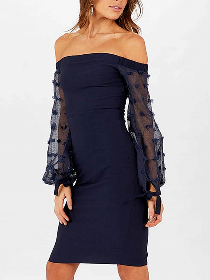 Choies Navy Blue Off Shoulder Sheer Puff Sleeve Split Bodycon Dress