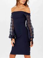 Choies Navy Blue Off Shoulder Sheer Puff Sleeve Split Bodycon Dress