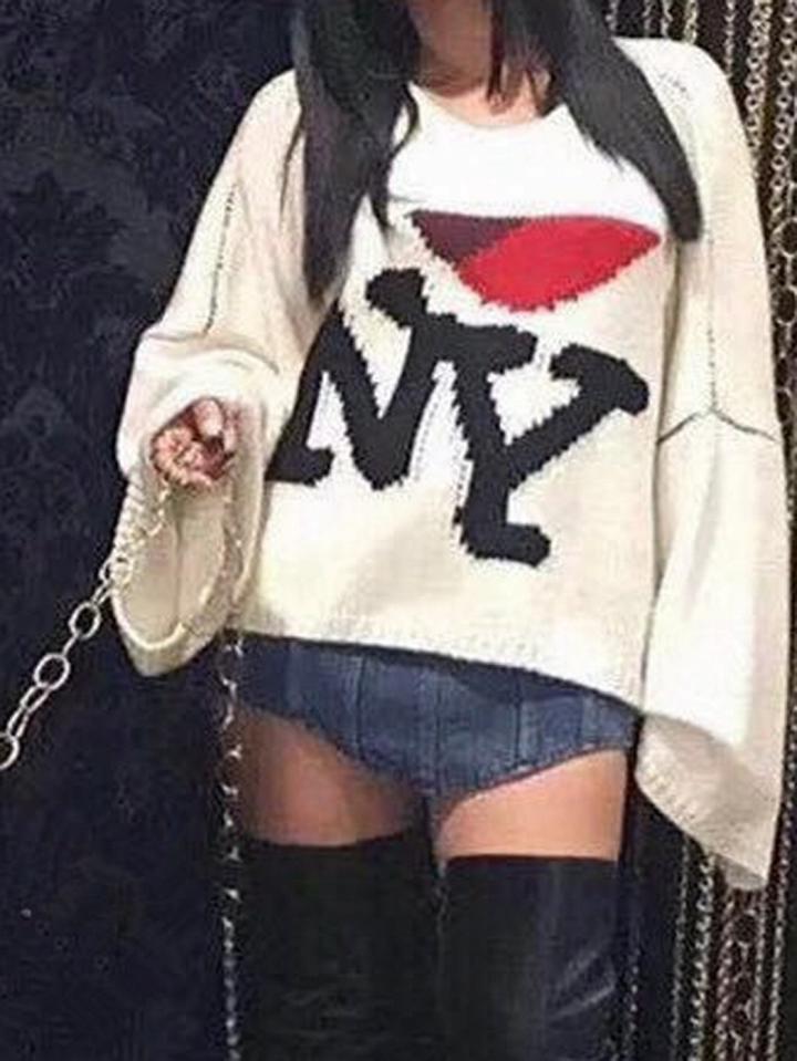 Choies White Letter Print Long Sleeve Chic Women Knit Sweater