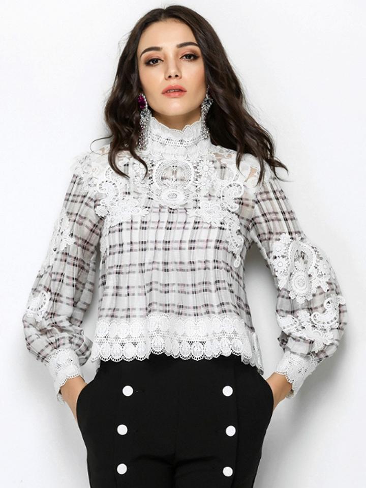 Choies White Plaid High Neck Lace Panel Long Sleeve Blouse