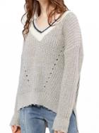 Choies Light Gray V-neck Split Side Long Sleeve Mohair Knit Sweater