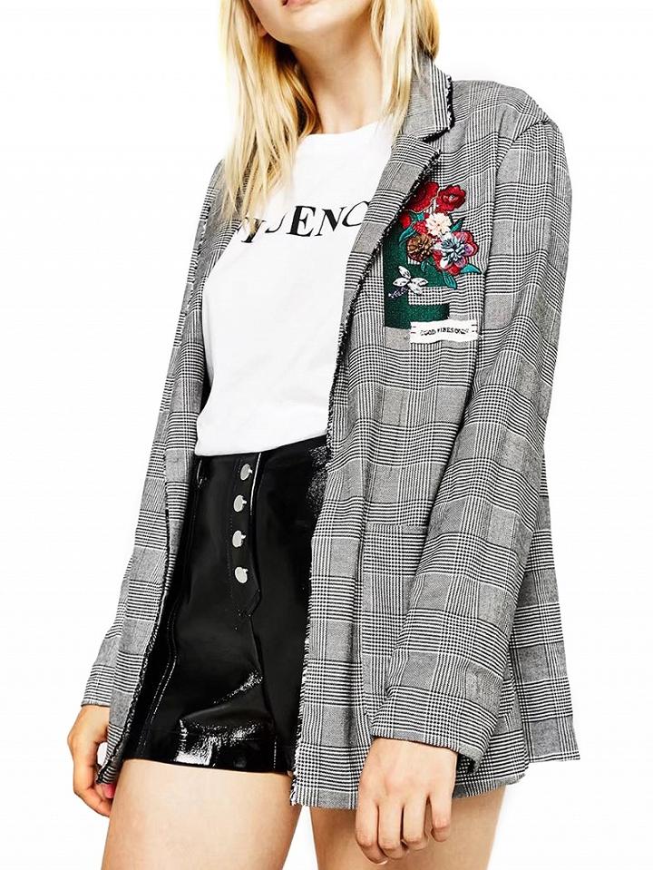 Choies Gray Plaid Lapel 3d Flower Embroidery Letter Back Blazer