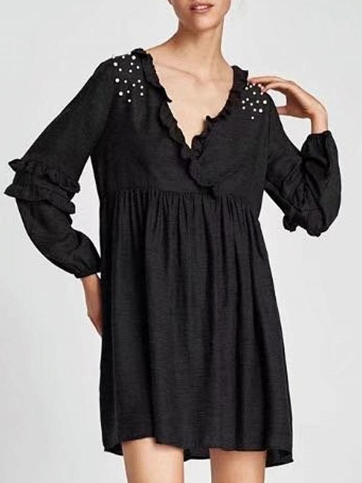 Choies Black V-neck Pearl Embellished Long Sleeve Mini Dress