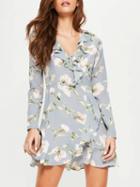 Choies Blue V-neck Print Floral Ruffle Trim Long Sleeve Mini Dress