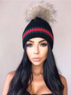 Choies Color Block Faux Fur Pom Knitted Hat