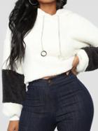 Choies White Cotton Chain Detail Contrast Panel Long Sleeve Crop Hoodie