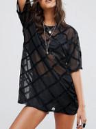 Choies Black Plaid Print Sheer Mesh Mini Dress