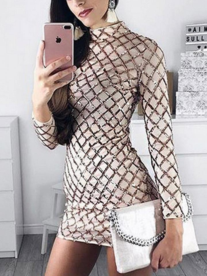 Choies Champagne High Neck Sequin Detail Long Sleeve Bodycon Mini Dress