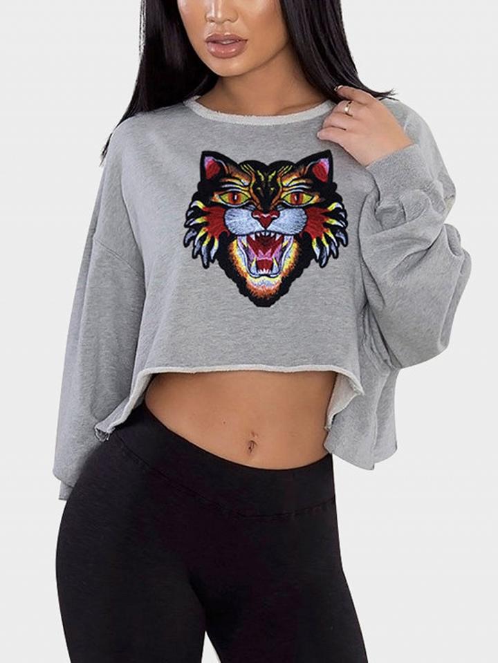 Choies Gray Cartoon Print Cut Out Detail Cropped Sweatshirt