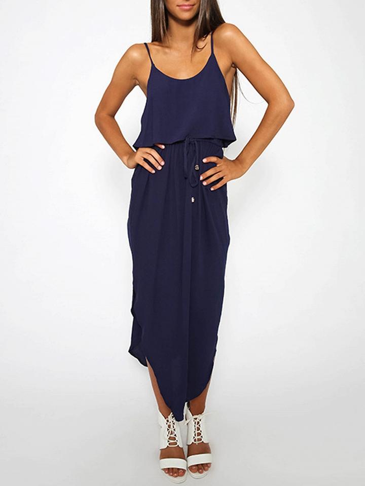 Choies Dark Blue Cotton Drawstring Waist Open Back Chic Women Cami Midi Dress