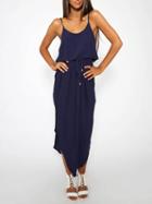 Choies Dark Blue Cotton Drawstring Waist Open Back Chic Women Cami Midi Dress
