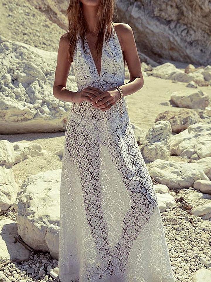 Choies White Plunge Open Back Cut Out Detail Lace Maxi Dress