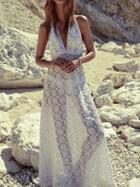 Choies White Plunge Open Back Cut Out Detail Lace Maxi Dress