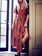 Choies Red Chiffon Plunge Printed Detail Tie Waist Chic Women Midi Dress