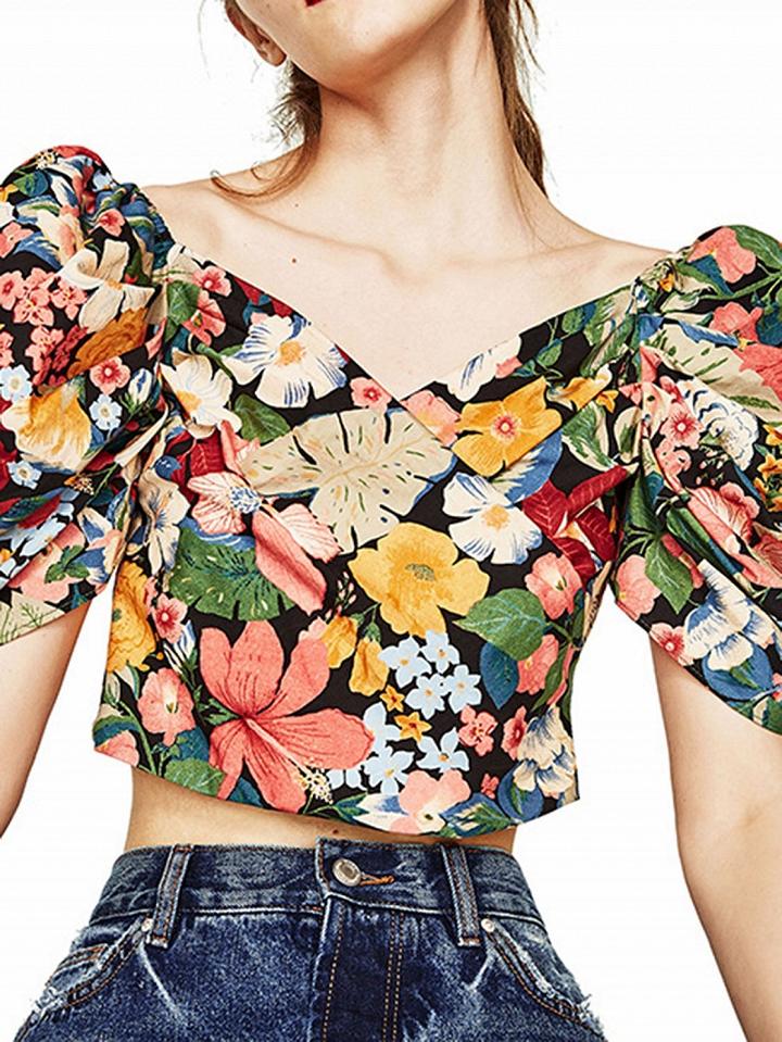 Choies Multicolor Floral V-neck Puff Sleeve Crop Top