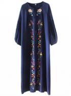 Choies Blue Embroidery Detail Tassel Tie Puff Sleeve Midi Dress