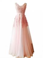 Choies Pink V-neck Embroidery Backless Tulle Maxi Prom Dress