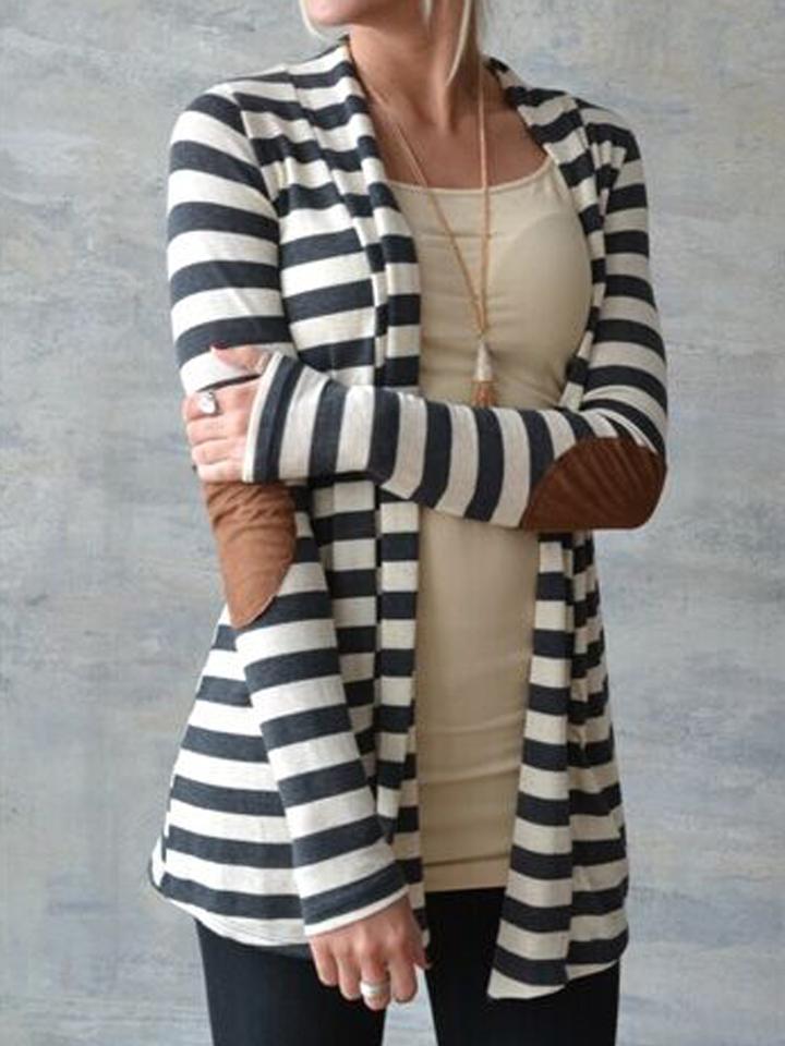 Choies Monochrome Stripe Pu Panel Open Front Coat