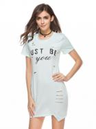 Choies White Text Print Ripped Asymmetric Hem Short Sleeve Tee Dress